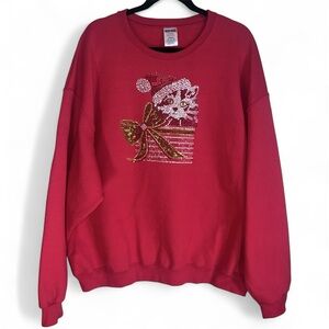 Vintage Jerzees Red Crewneck Sweatshirt Rhinestone Bling Christmas Cat Sz 2XL